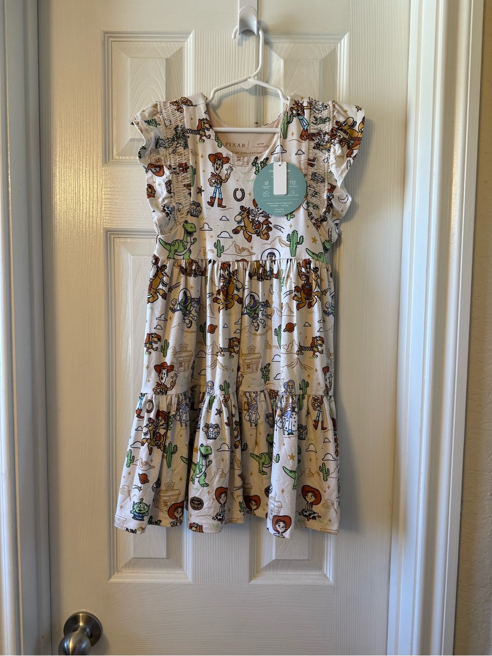 Little Sleepies White Western Print Ruffle Dress with Green Accents